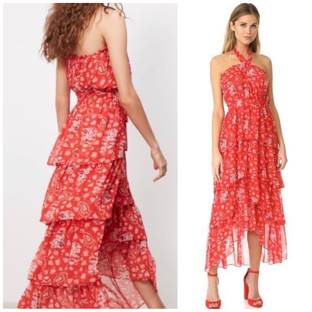 NEW MISA Los Angeles Halter Neck Ruffle Tiered Floral Maxi Dress Red Boho Summer - Picture 1 of 16